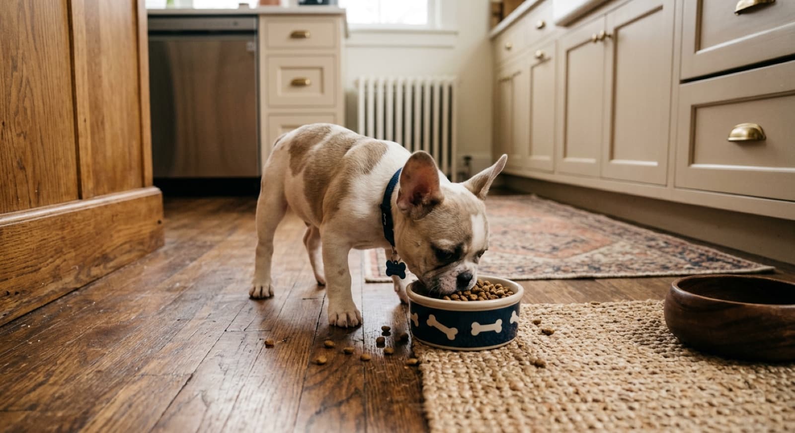 French Bulldog puppy eating from a bowl on a home kitchen floor