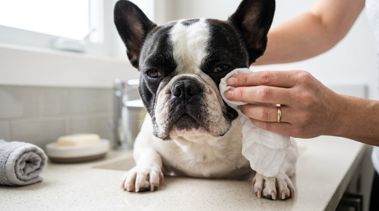 A pied French Bulldog being gently wiped between facial wrinkles with a damp cloth by an owner in a bright Edmonton bathroom, illustrating the daily wrinkle cleaning routine