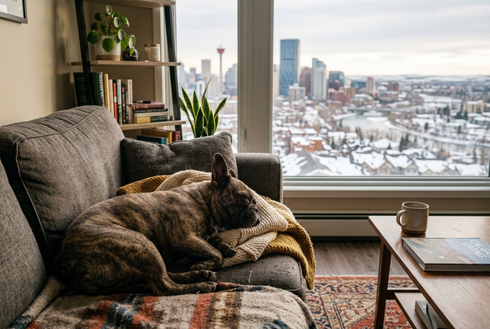 A French Bulldog sleeping on a couch in a Calgary apartment, showing the breed's low-energy companion lifestyle