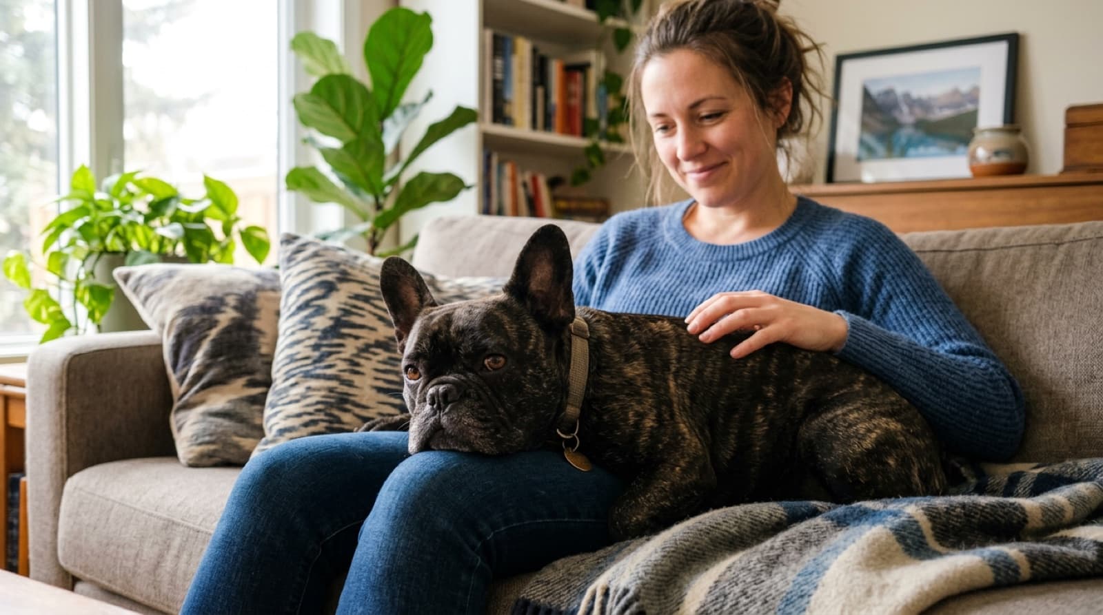 An adult French Bulldog resting calmly on a Calgary owner's lap in a living room, illustrating the breed's velcro temperament