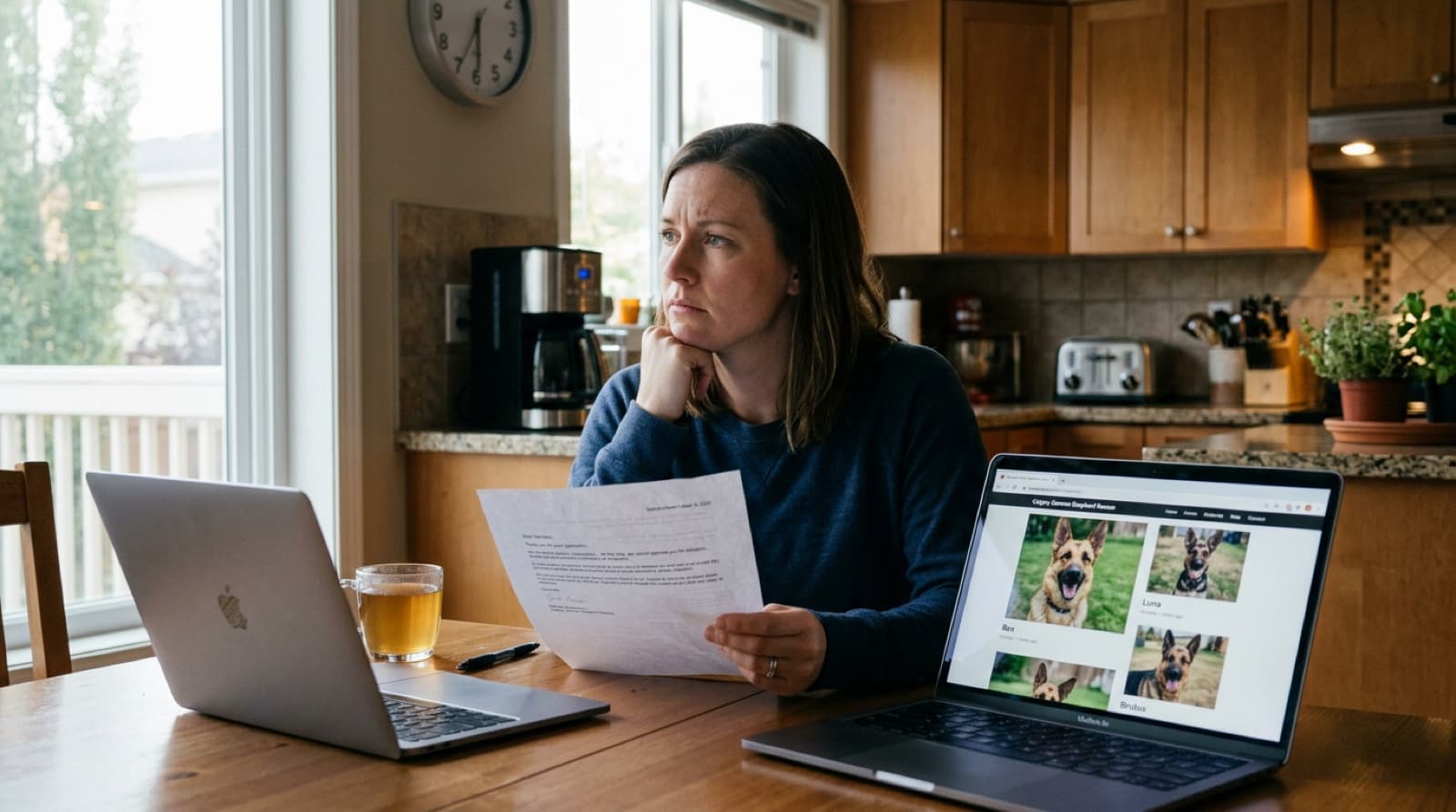 A frustrated prospective adopter holding a denial letter while looking at photos of adoptable German Shepherds on a laptop, illustrating the emotional reality of GSD rescue rejection