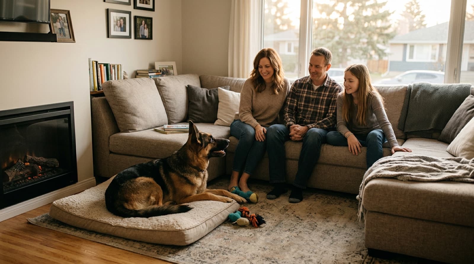 A Calgary foster home with a German Shepherd settling into the family environment, illustrating the foster-to-adopt path as an alternative when traditional rescue applications get denied