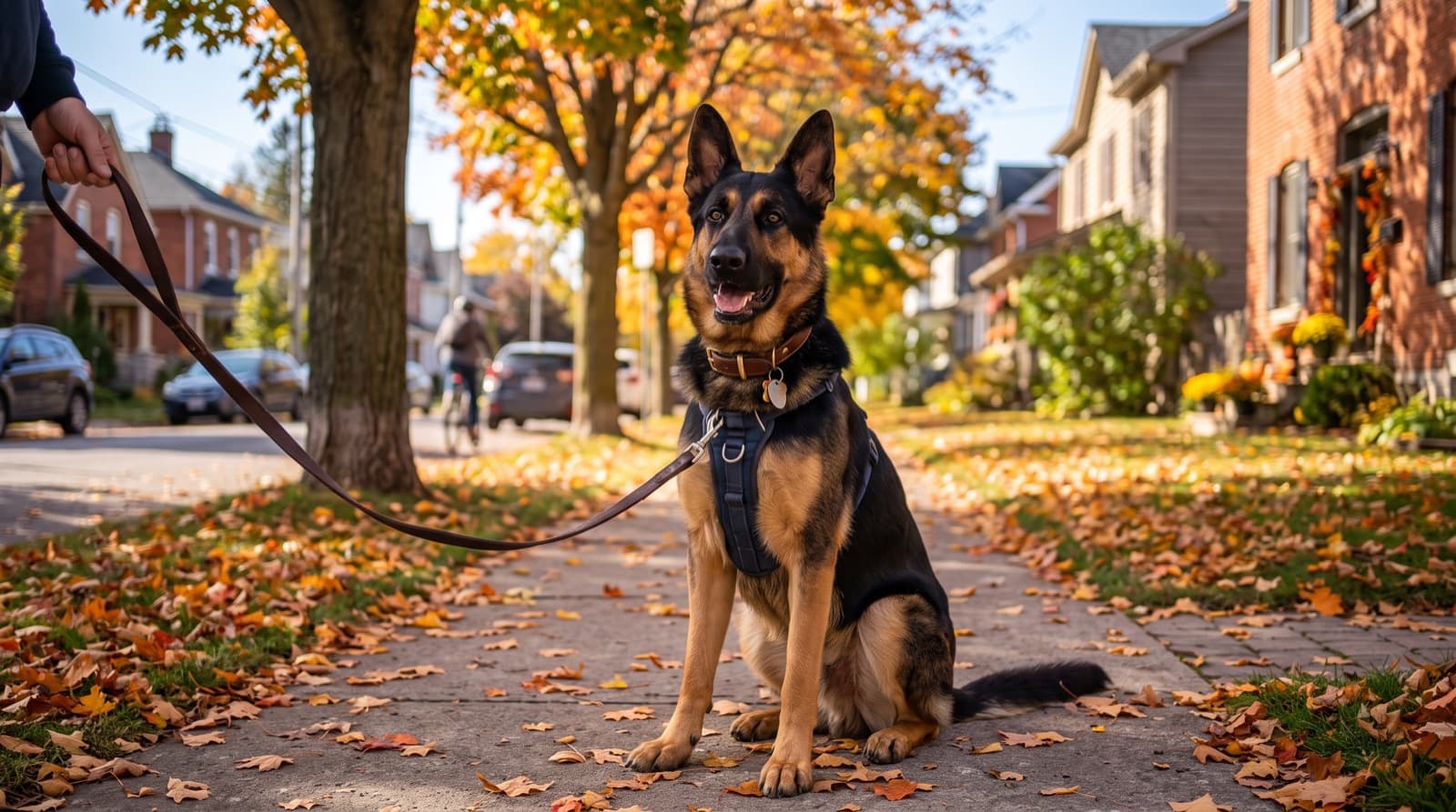 An adult German Shepherd on the Lake Ontario waterfront in Kingston, Ontario in autumn light, representing the loyal working temperament of the breed in Kingston rescue