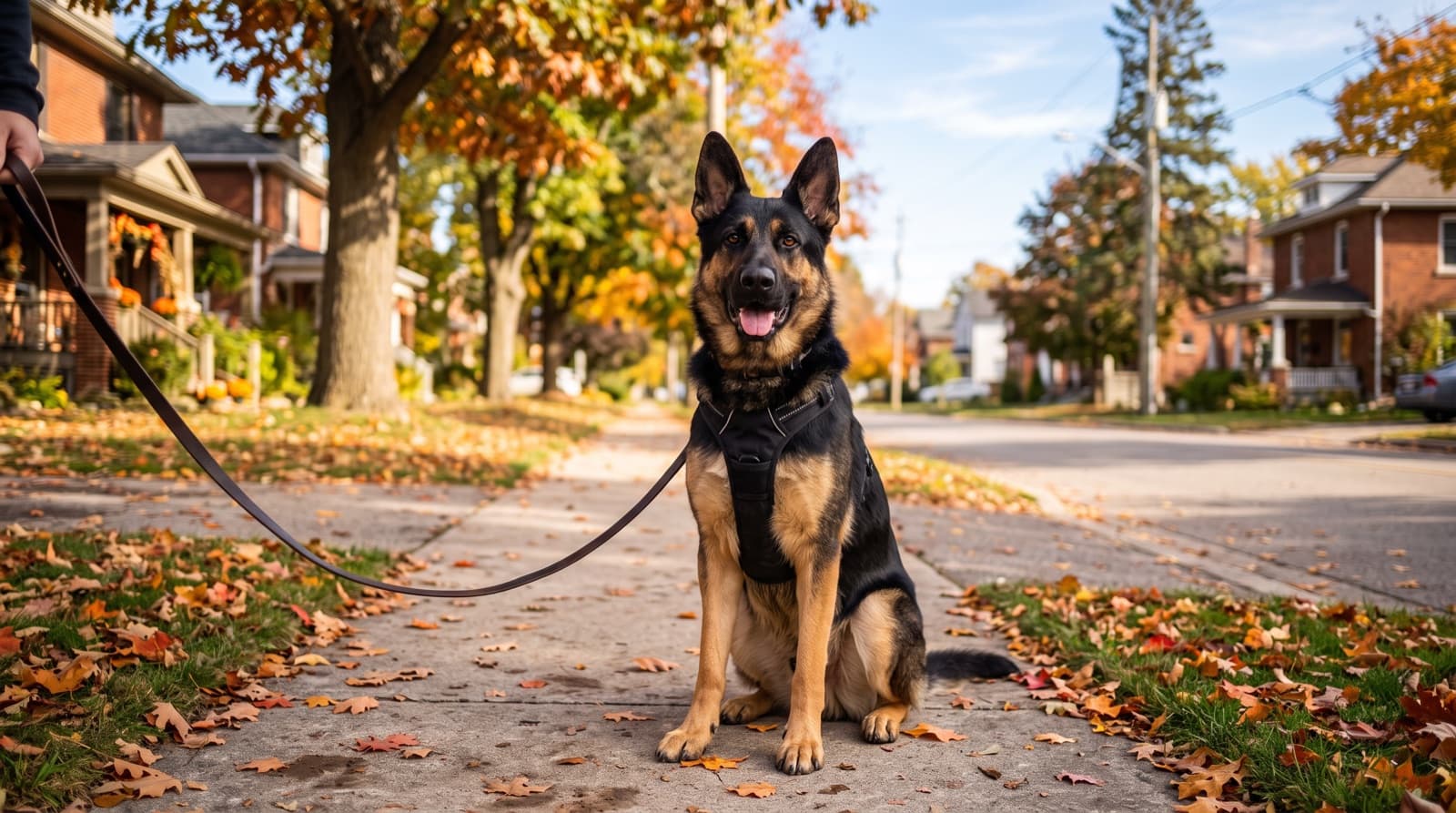 An adult German Shepherd on a Thames River pathway in London, Ontario in autumn light, representing the loyal working temperament of the breed in London rescue