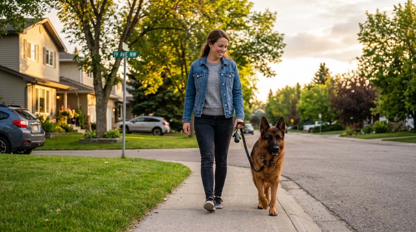 A first-time dog owner walking a calm adult West German show line German Shepherd on a Calgary suburban street, illustrating the adult-adoption + show-line approach that works for first-time owners
