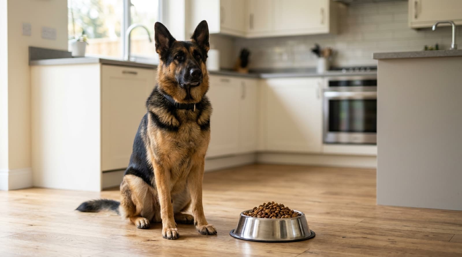 German Shepherd sitting beside a bowl of kibble in a bright home kitchen