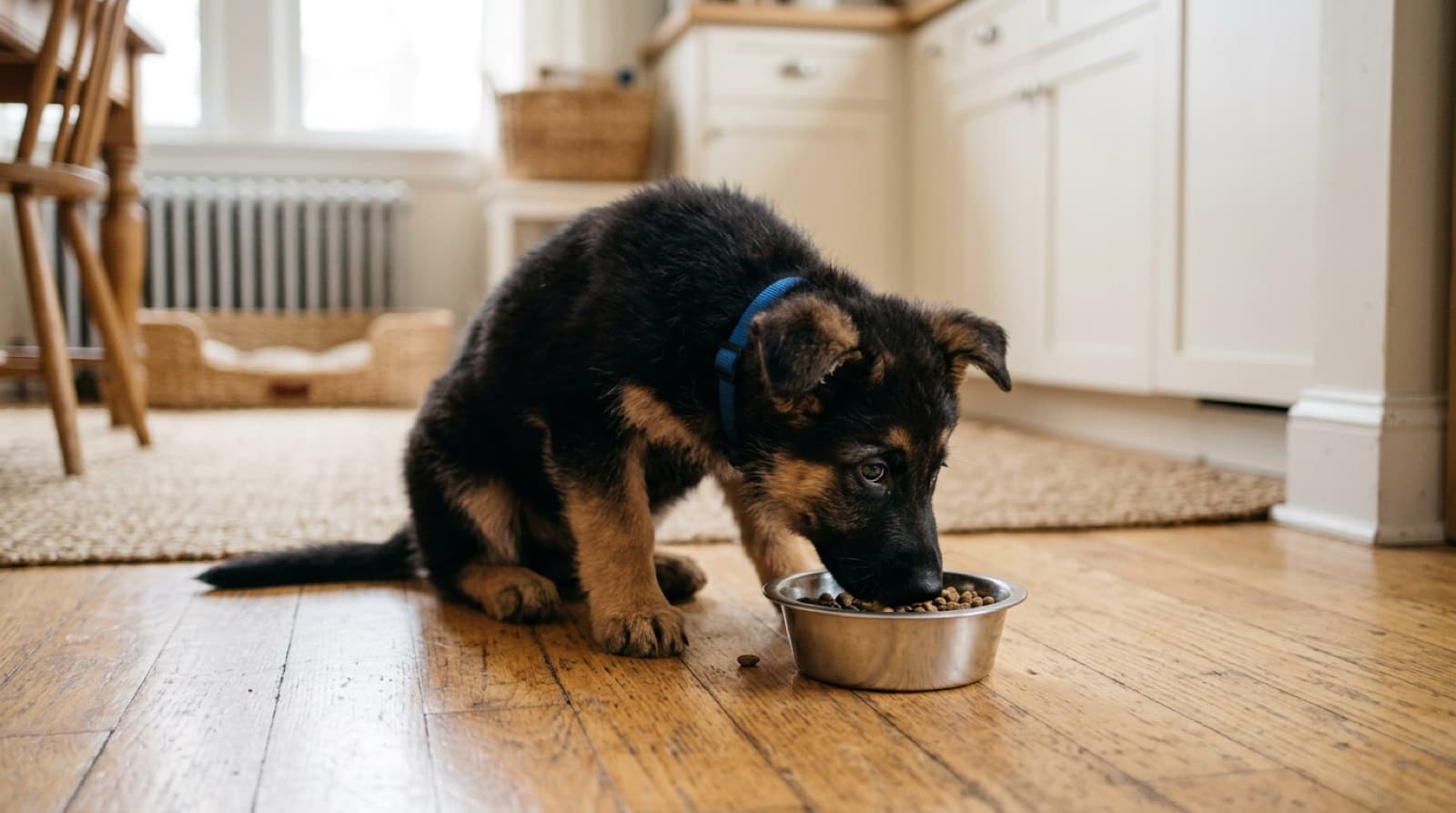 German Shepherd puppy eating from a stainless steel bowl on a home kitchen floor
