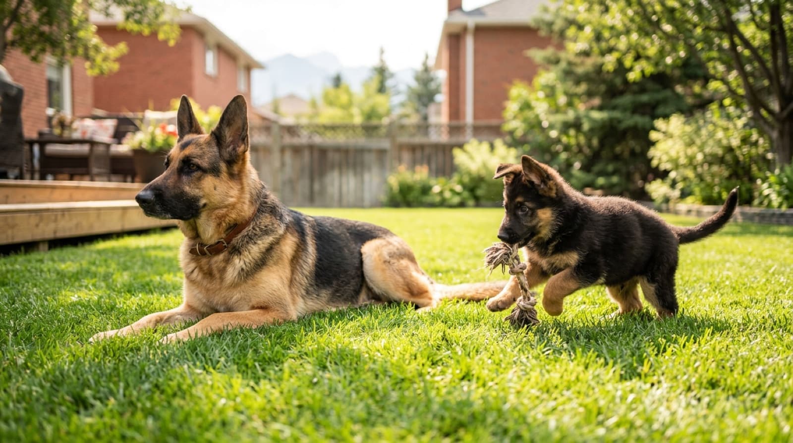 A calm adult German Shepherd next to an energetic GSD puppy, illustrating the adult-vs-puppy decision for first-time owners and why adults are typically better