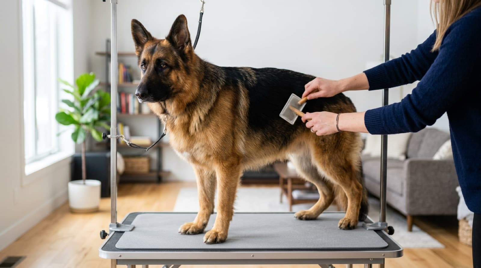 A German Shepherd being brushed on a grooming table in a bright home