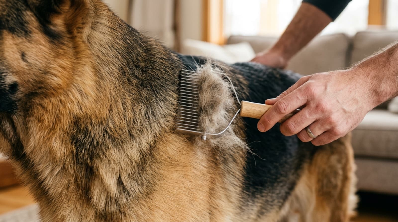 A German Shepherd's coat being raked with an undercoat rake, loose undercoat coming out
