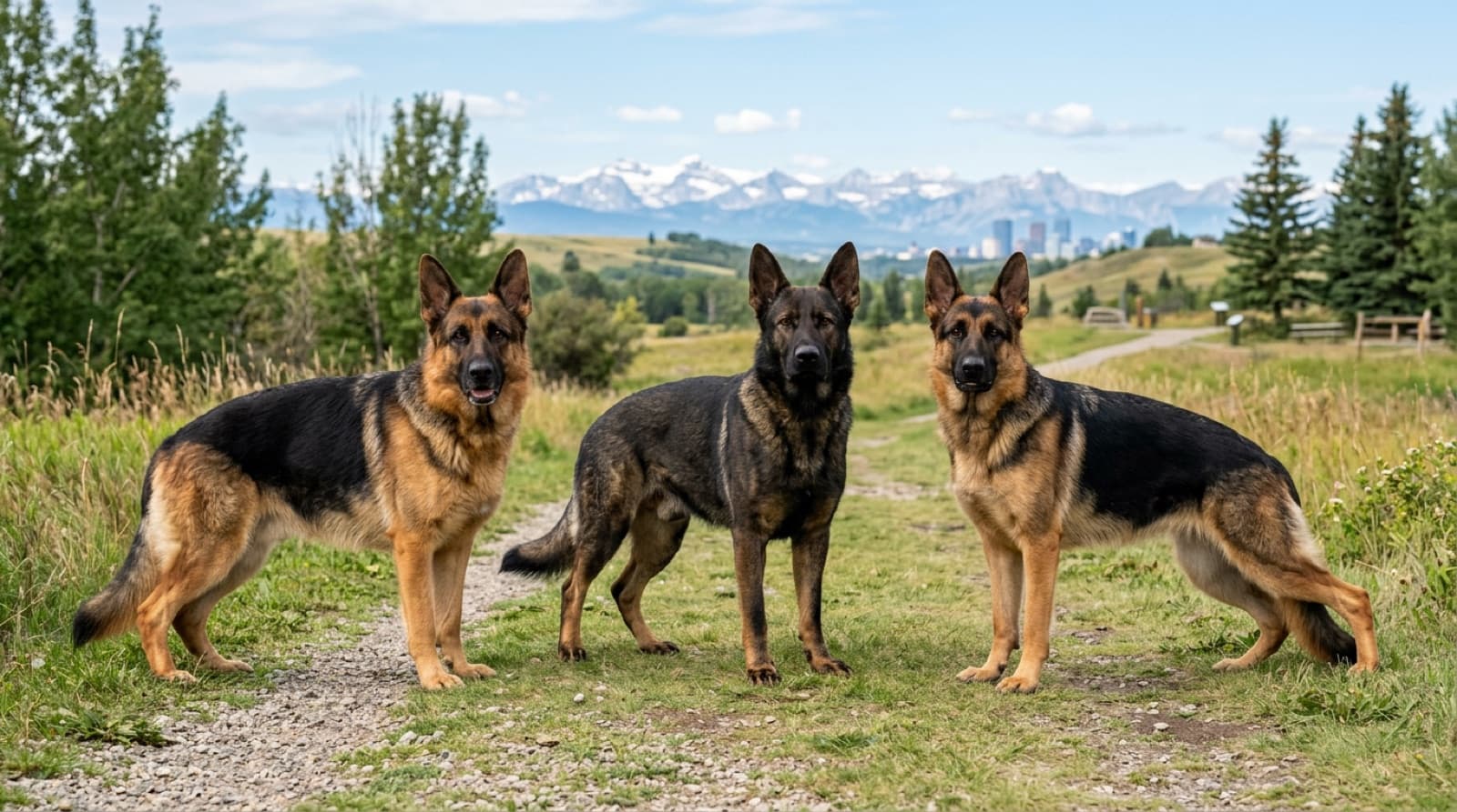 Three German Shepherds of different bloodlines side-by-side: a sloped-back West German show line, a straighter-backed Czech working line, and an American show line, illustrating the structural differences between GSD bloodlines