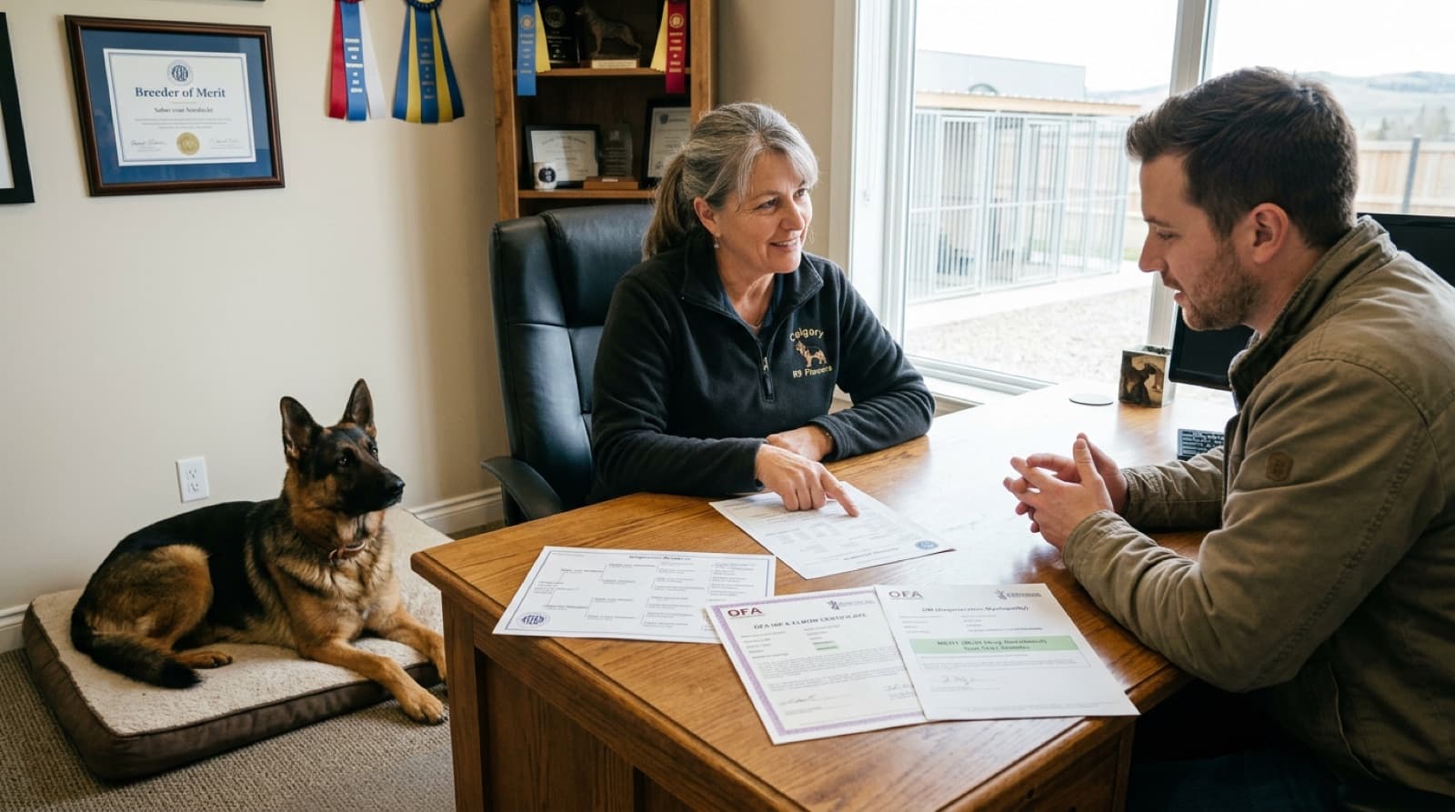 A Calgary breeder showing health testing documentation and SV pedigree paperwork to a prospective German Shepherd adopter, illustrating the verification process for line claims