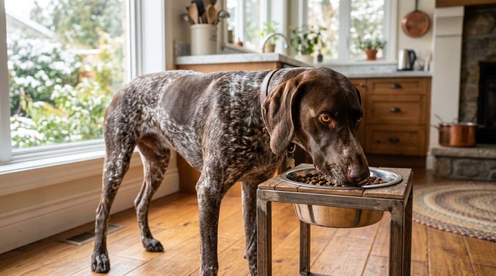German Shorthaired Pointer beside a bowl of kibble in a bright home kitchen
