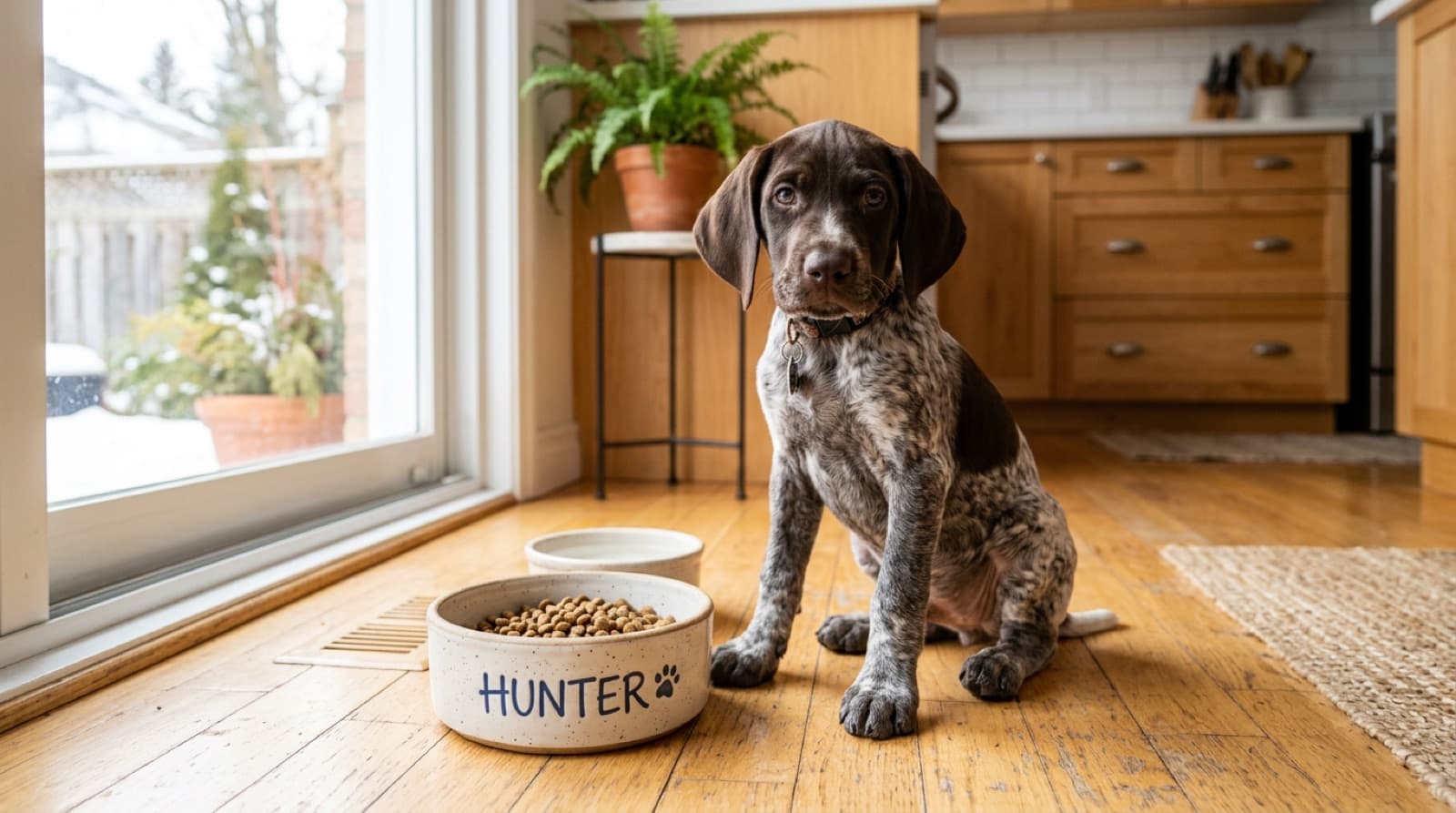 German Shorthaired Pointer puppy eating from a bowl on a home kitchen floor
