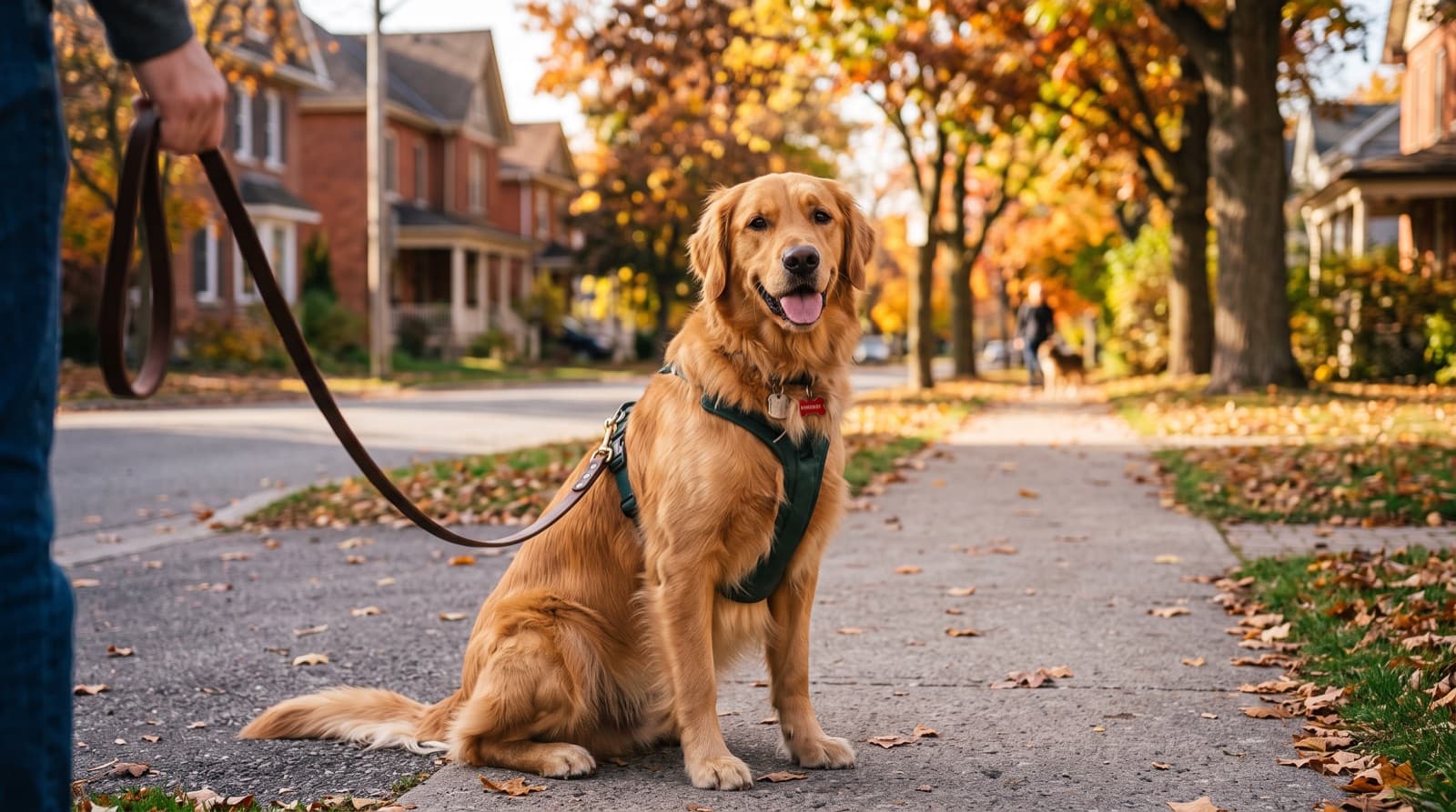 A golden retriever standing on a Lake Ontario waterfront trail in Kingston, Ontario, representing the gentle family temperament that makes the breed the most sought-after and hardest to adopt dog in Kingston rescue