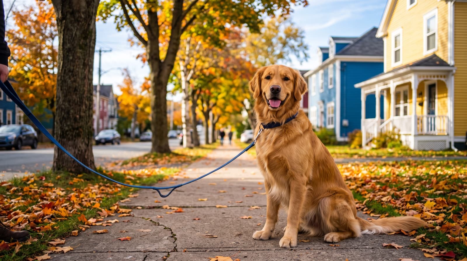 A golden retriever standing on a windswept coastal trail near St. John's, Newfoundland, representing the gentle family temperament that makes the breed the most sought-after and hardest to adopt dog in local rescue