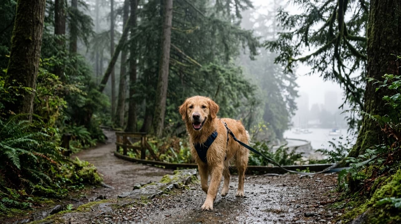A friendly Golden Retriever sitting beside a person on a rainy seawall path in Vancouver
