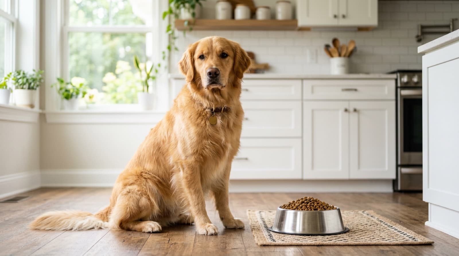 Golden Retriever sitting beside a bowl of kibble in a bright home kitchen