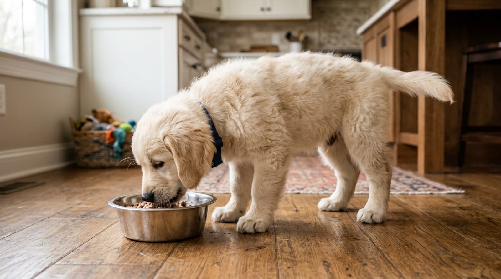 Golden Retriever puppy eating from a stainless steel bowl on a home kitchen floor
