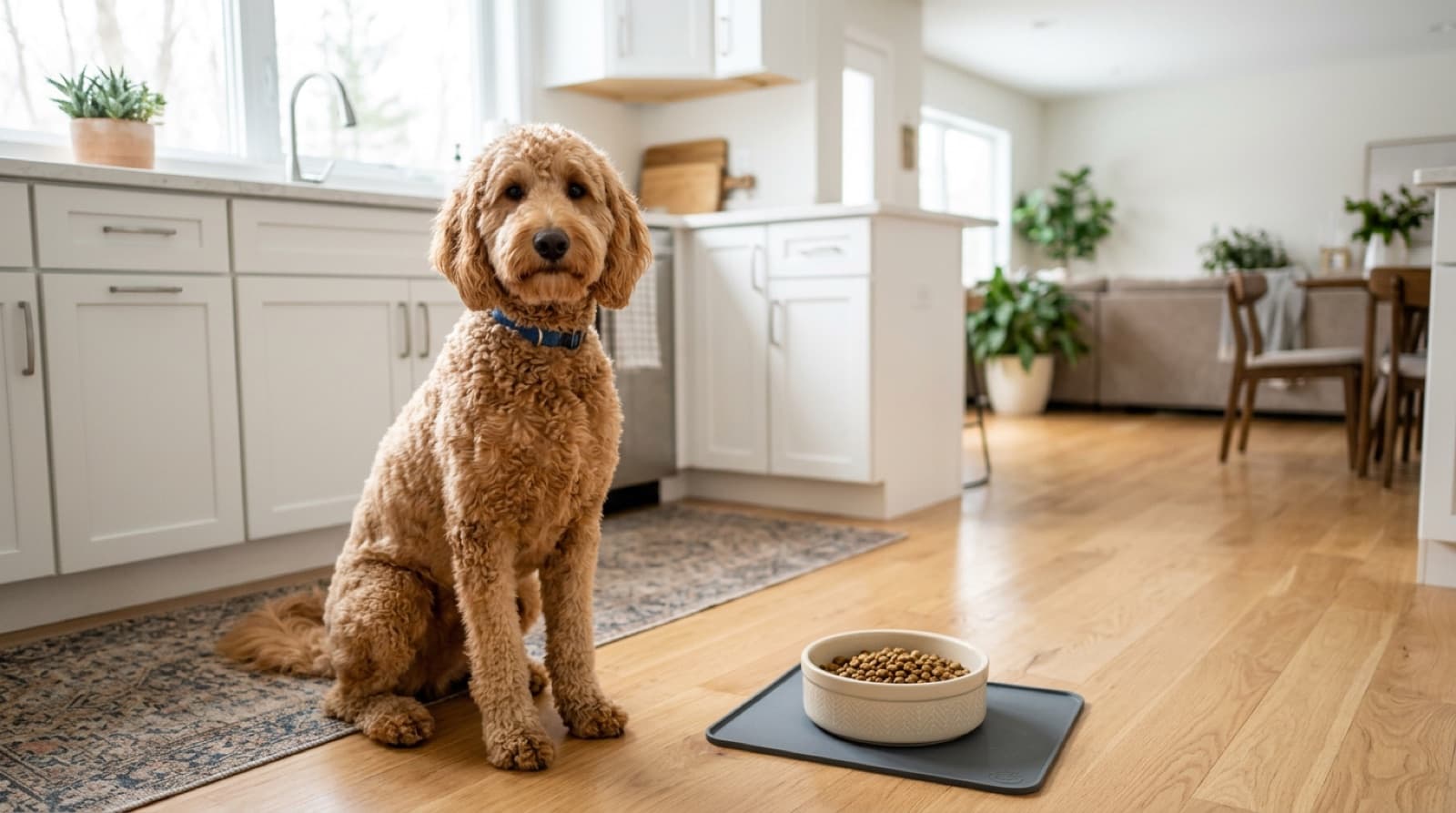 Goldendoodle beside a bowl of food in a bright home kitchen