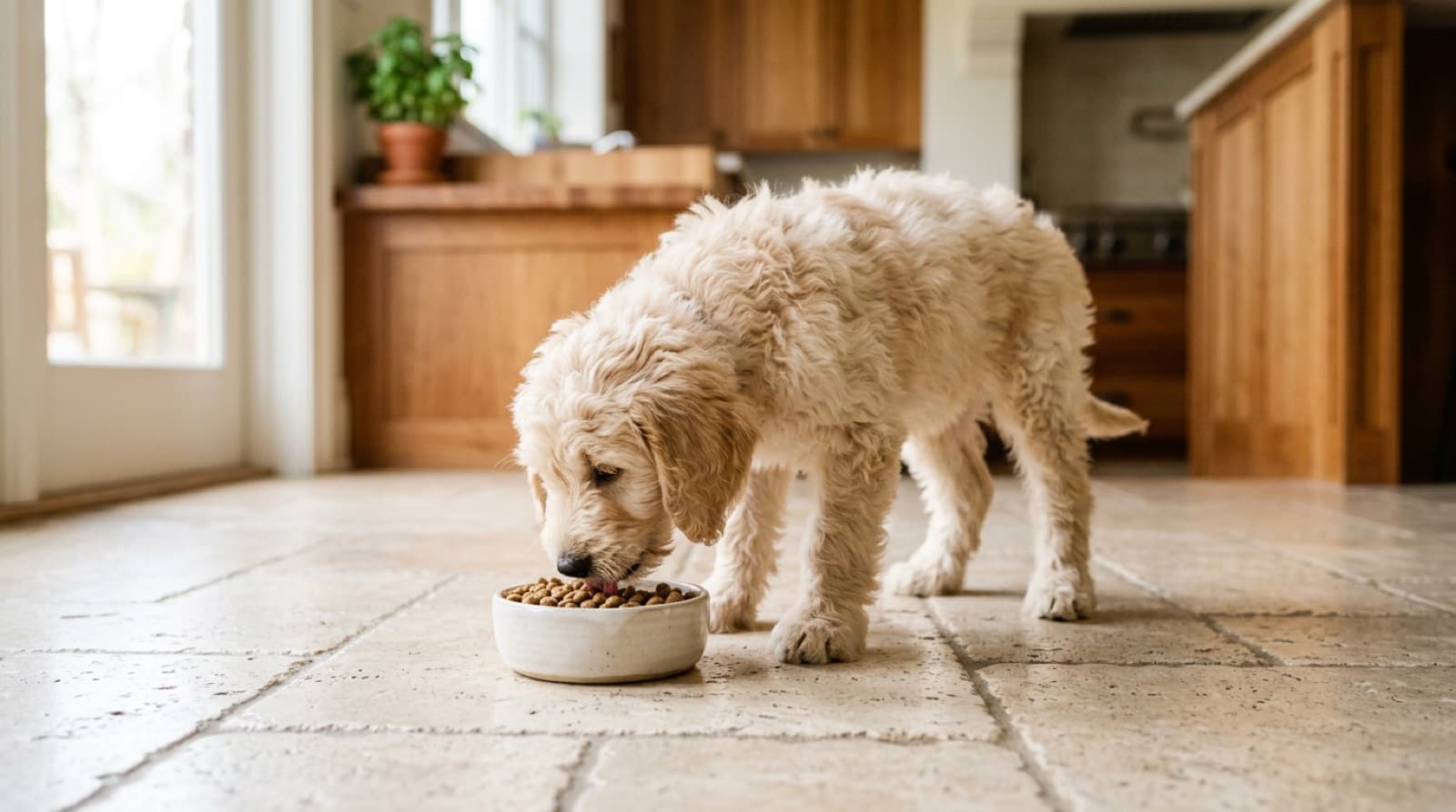 Goldendoodle puppy eating from a bowl on a home kitchen floor