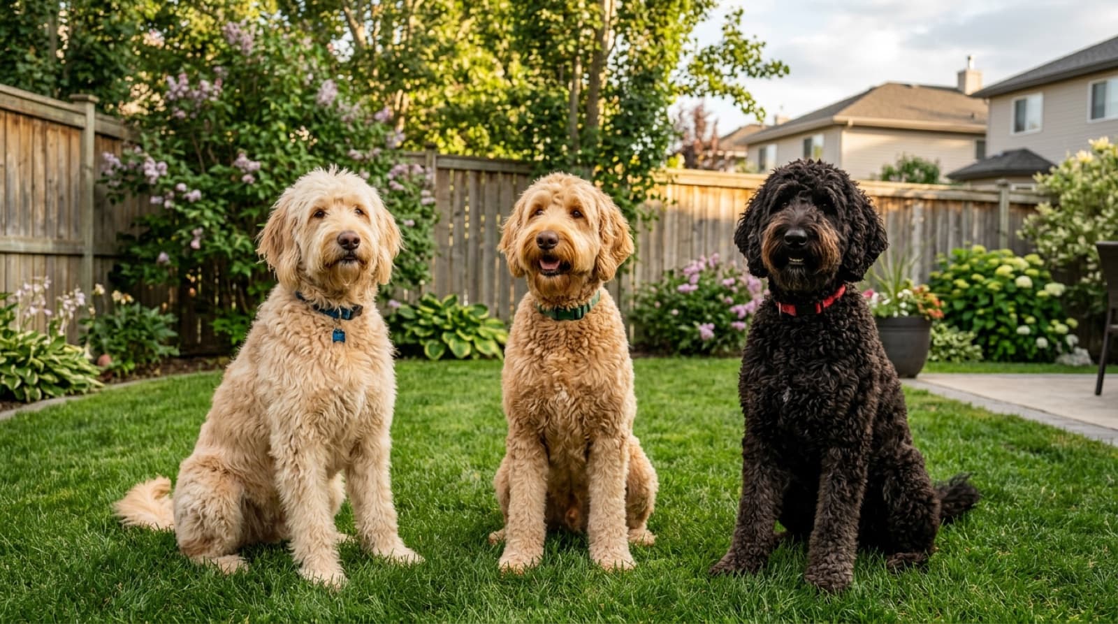 Three adult Goldendoodles with different coat types side by side, illustrating the F1 wavy moderate-shed, F1B curly low-shed, and multigen consistent-curly coat outcomes Edmonton adopters encounter