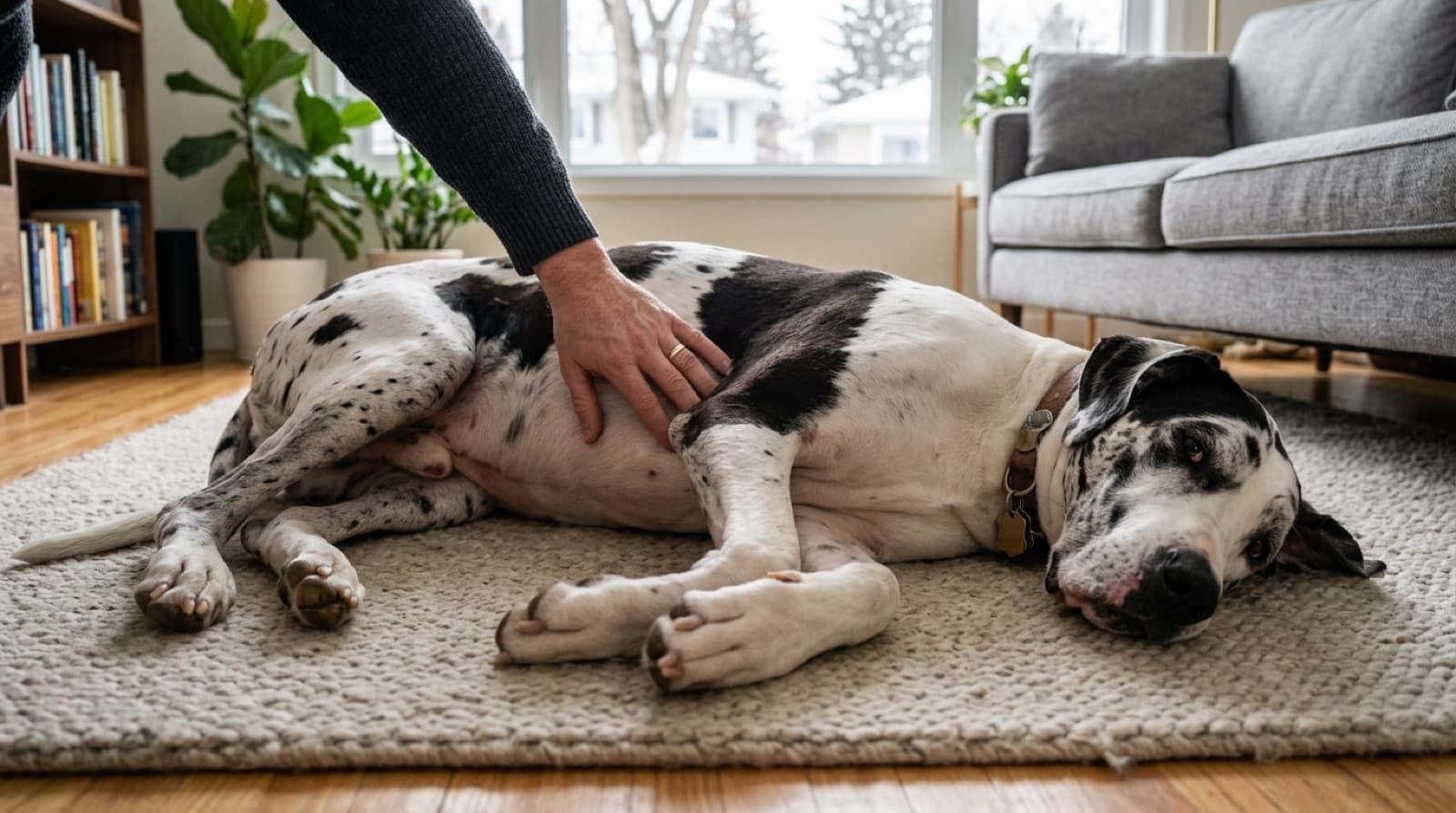 An alert harlequin Great Dane being examined by a hand checking abdominal area in an Edmonton home, illustrating the early symptom-recognition vigilance Great Dane owners need for bloat (GDV) prevention