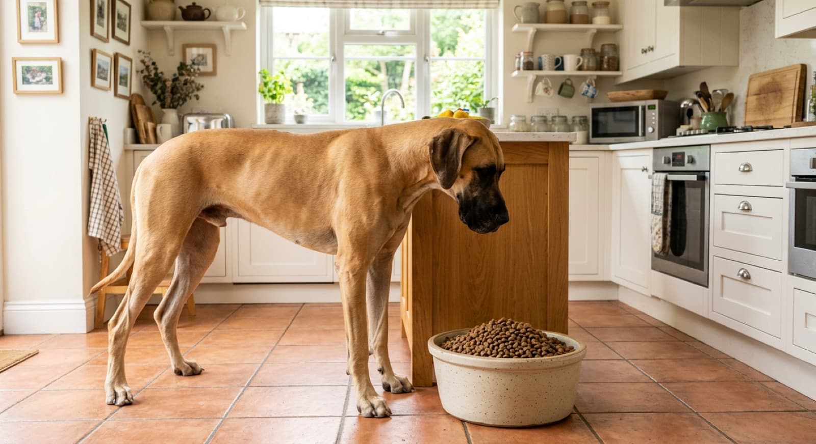 Great Dane standing beside a large bowl of kibble in a bright home kitchen