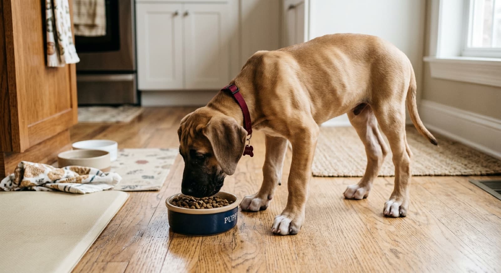 Great Dane puppy eating from a bowl on a home kitchen floor