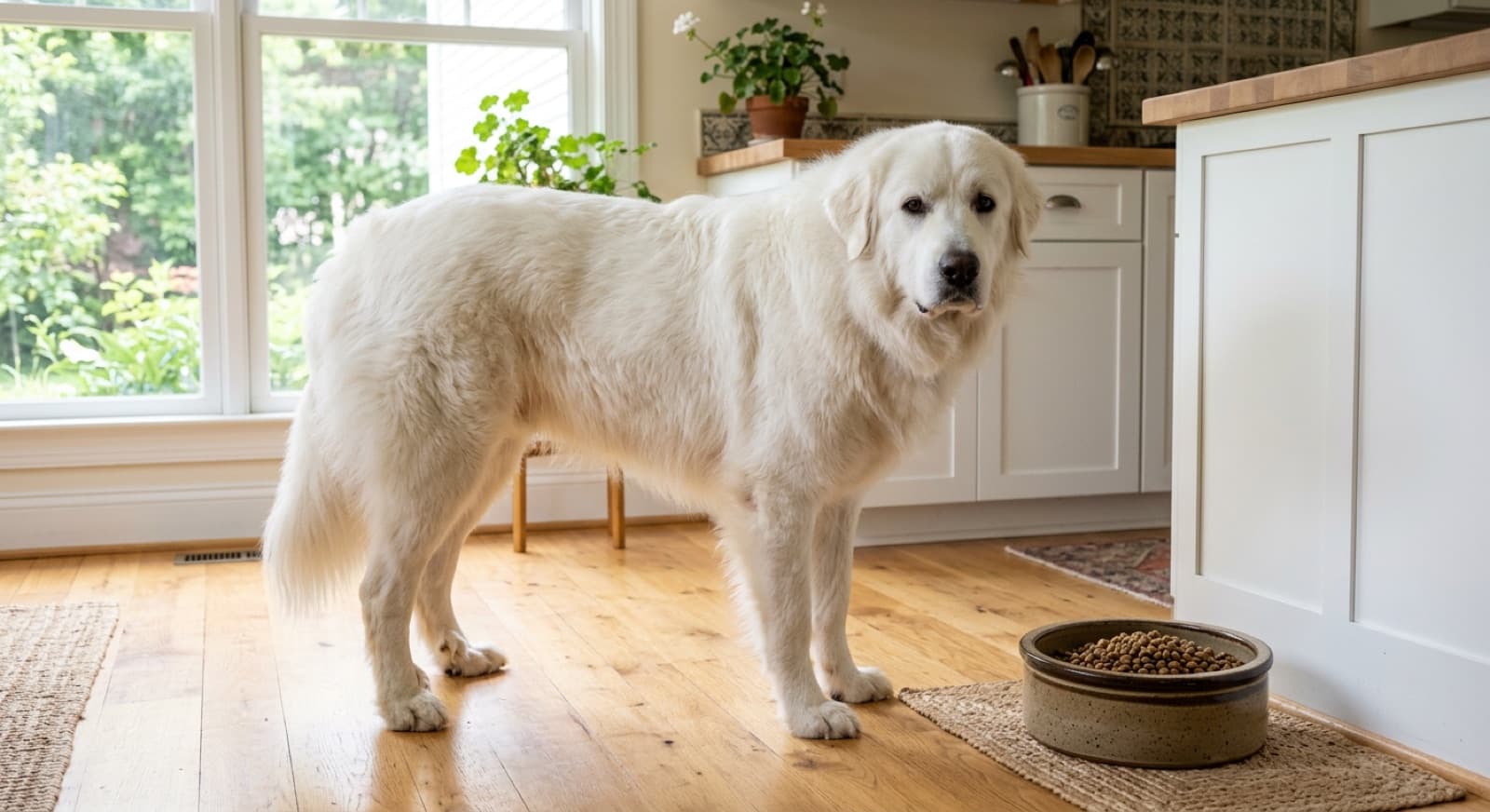 Great Pyrenees standing beside a bowl of kibble in a bright home kitchen