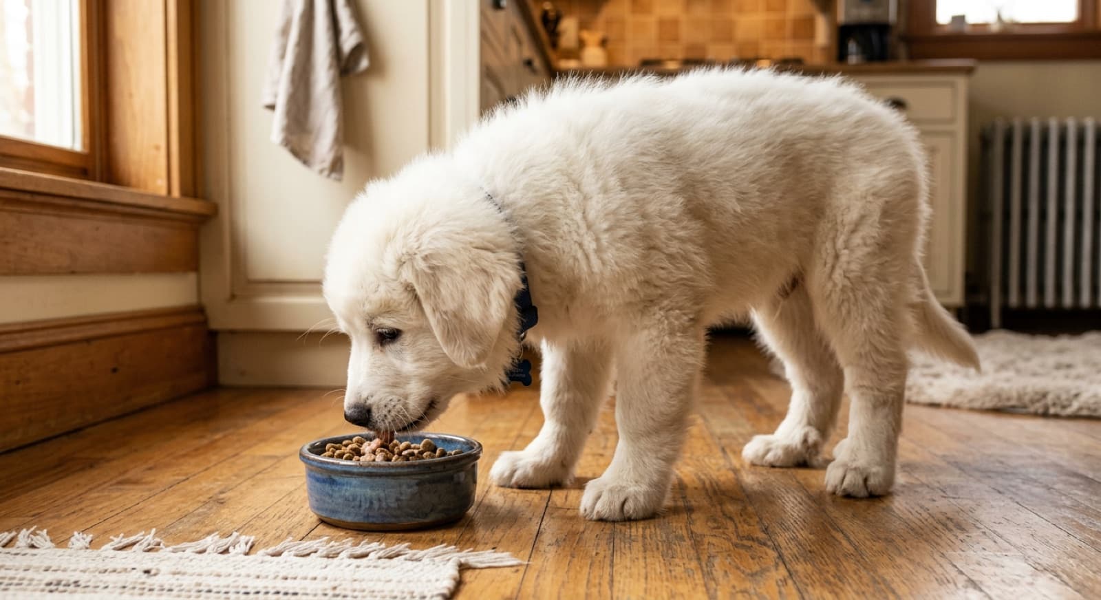 Great Pyrenees puppy eating from a bowl on a home kitchen floor
