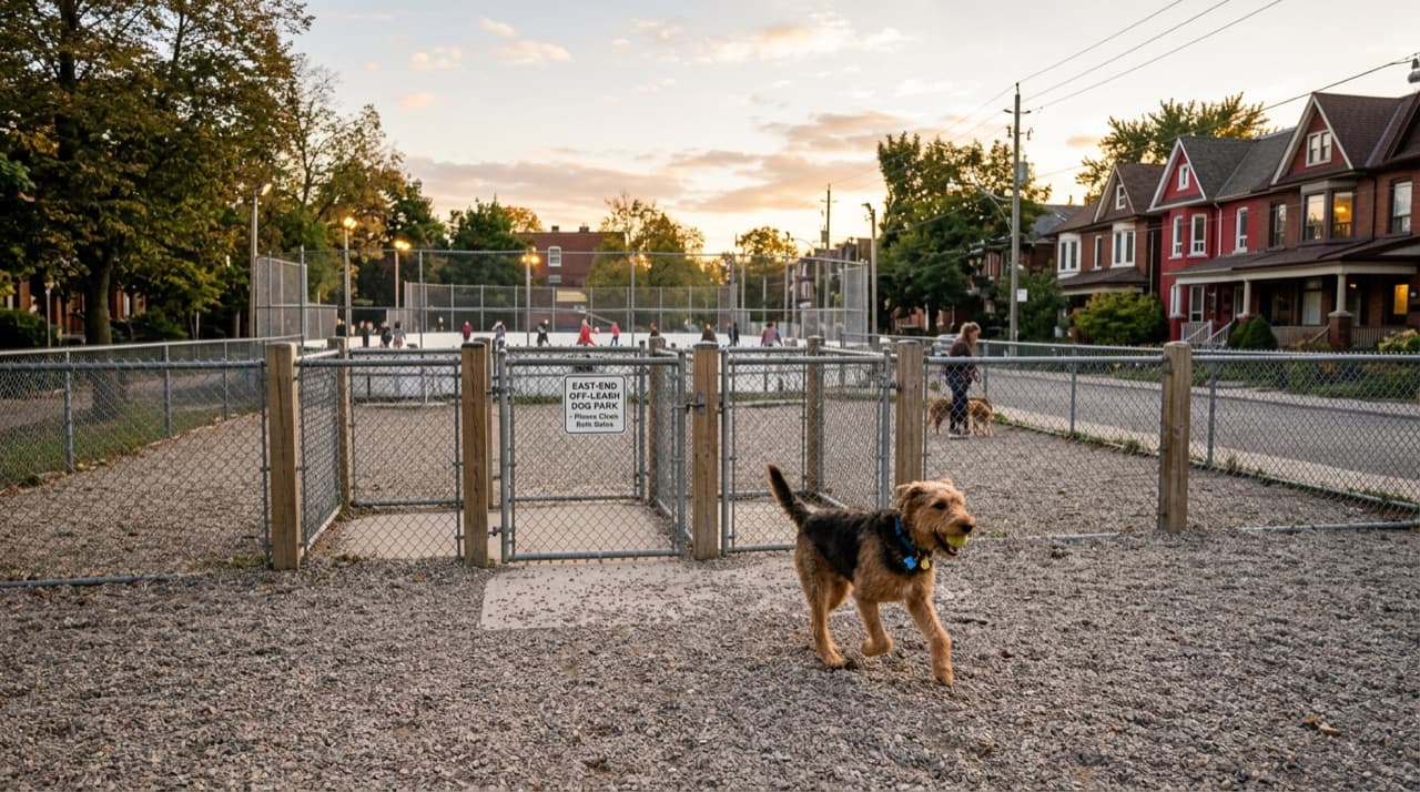 Dogs playing in the fenced off-leash area at Greenwood Park in Leslieville, Toronto