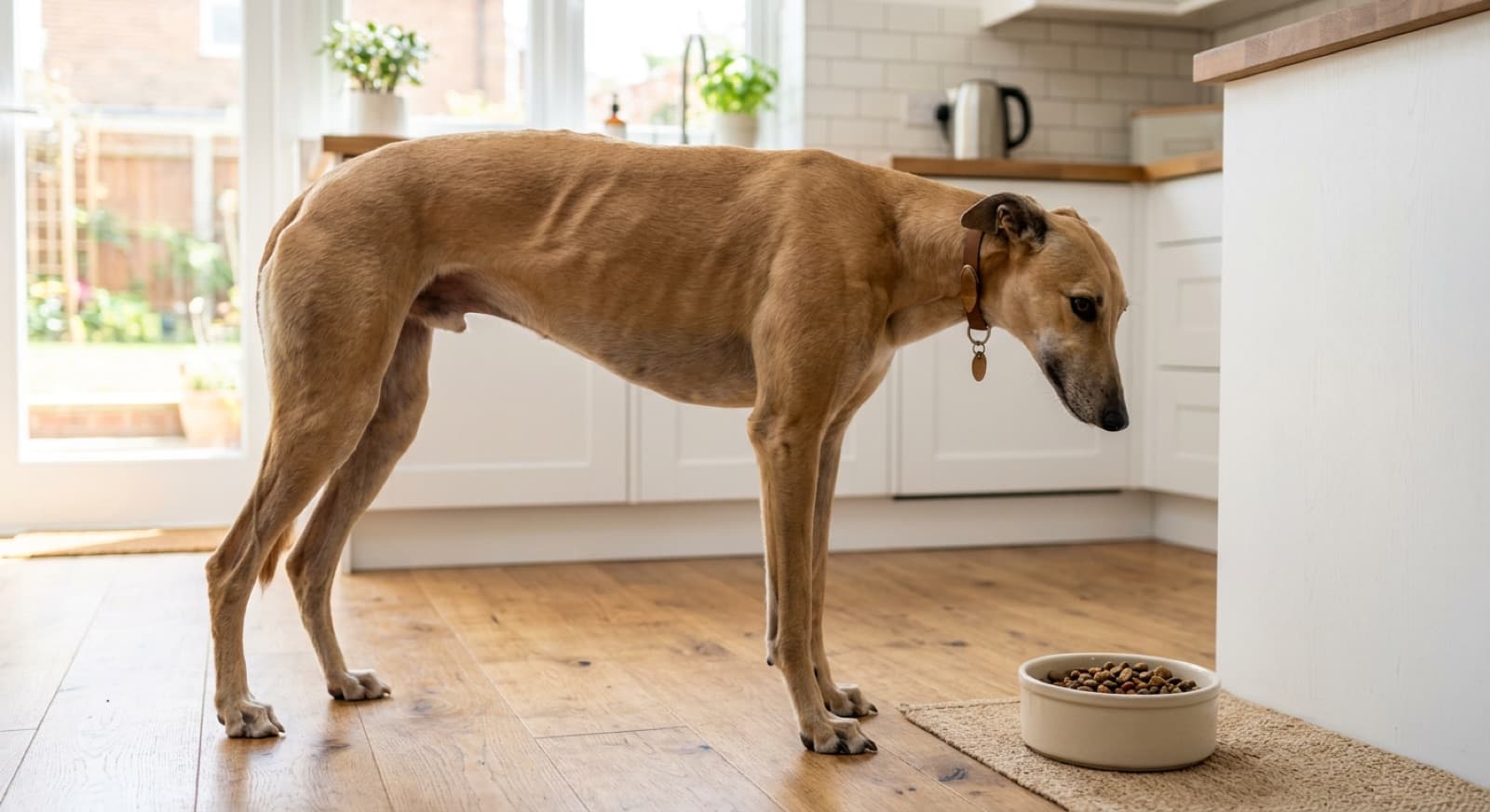Lean Greyhound standing beside a bowl of kibble in a bright home kitchen