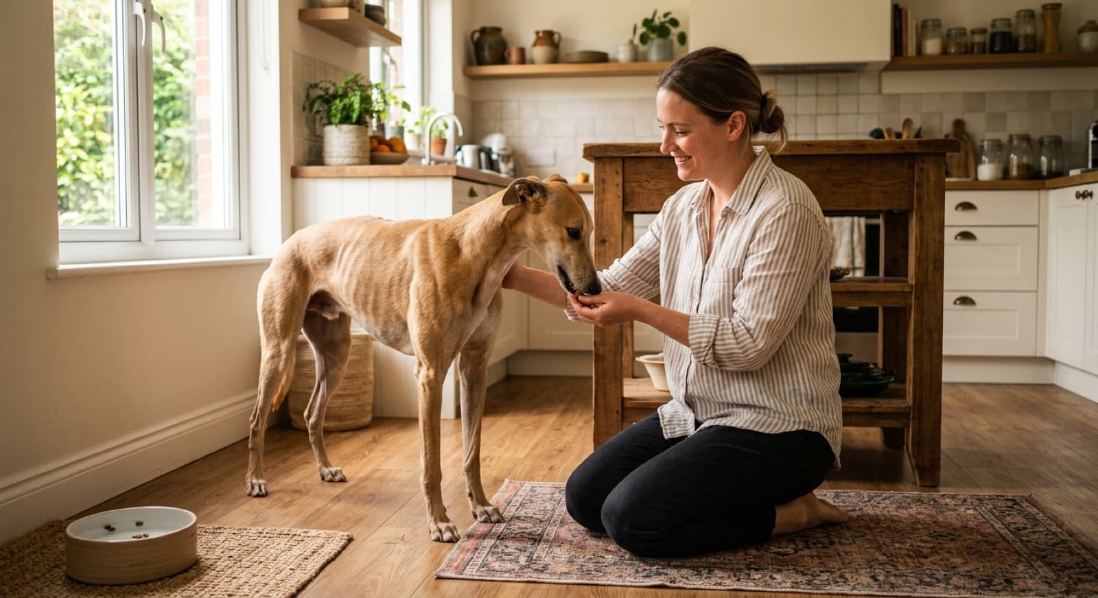 Greyhound being hand-fed a meal in a home kitchen