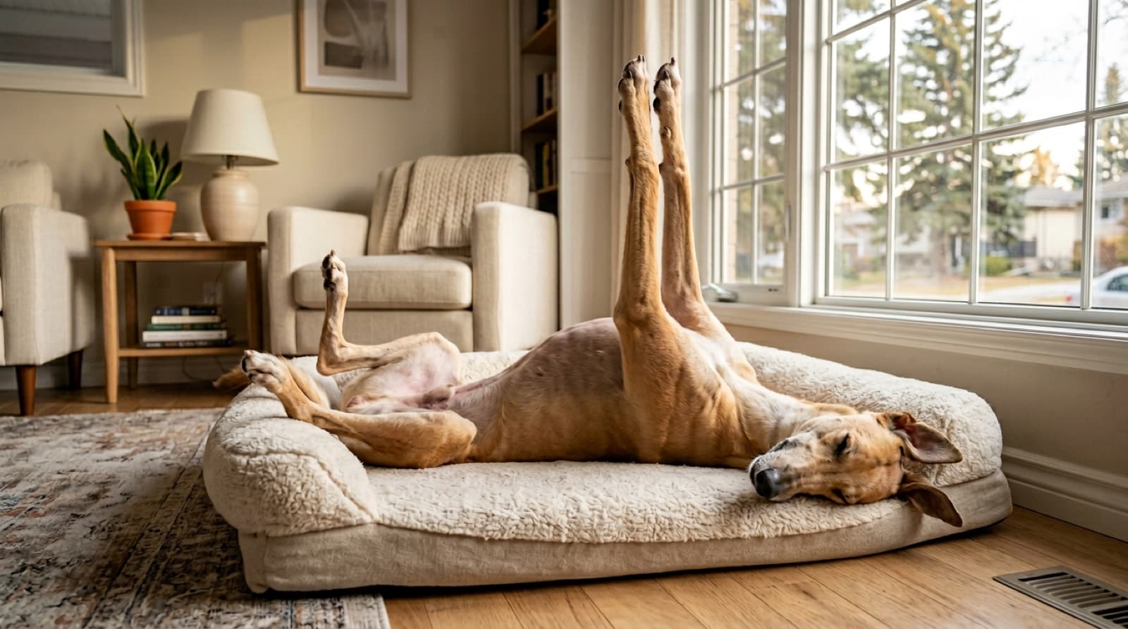 A fawn Greyhound in the classic roach pose (lying on its back with legs straight up in the air) on a soft dog bed in an Edmonton living room, illustrating complete trust and relaxation