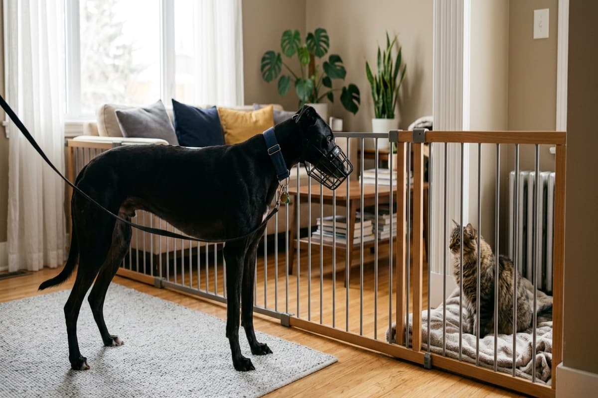 A retired racing Greyhound on a leash sitting calmly while a house cat watches from a high shelf, illustrating the multi-week cat introduction protocol in a Calgary home