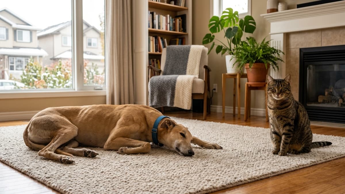 A calm adult Greyhound resting on a dog bed beside a school-age child reading on a Calgary living room couch, illustrating the gentle low-arousal companionship the breed is known for