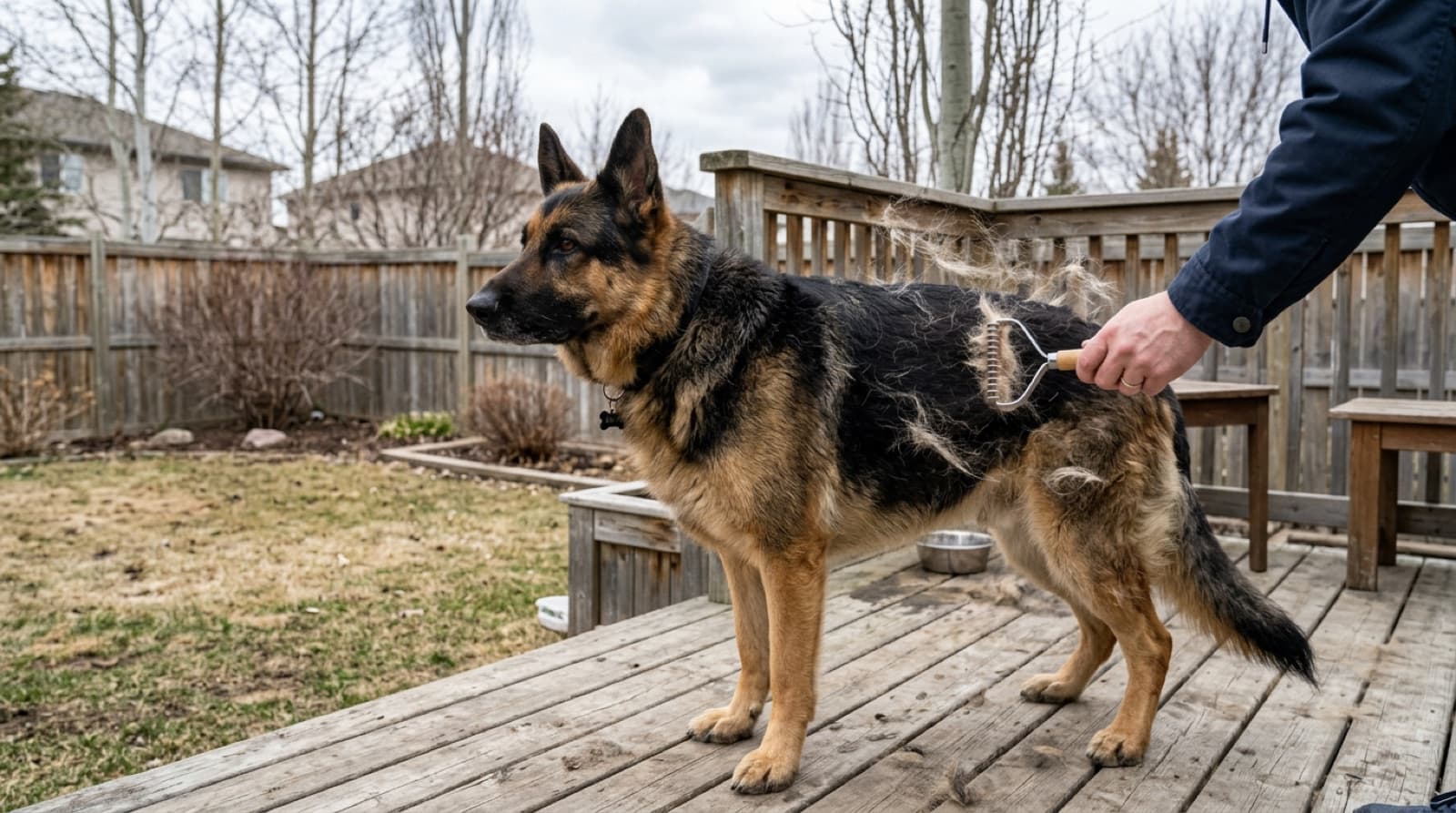 An adult black-and-tan German Shepherd standing on a backyard deck during spring coat blow in Edmonton, with visible loose undercoat being brushed out by the owner using an undercoat rake, illustrating the seasonal heavy-shedding event