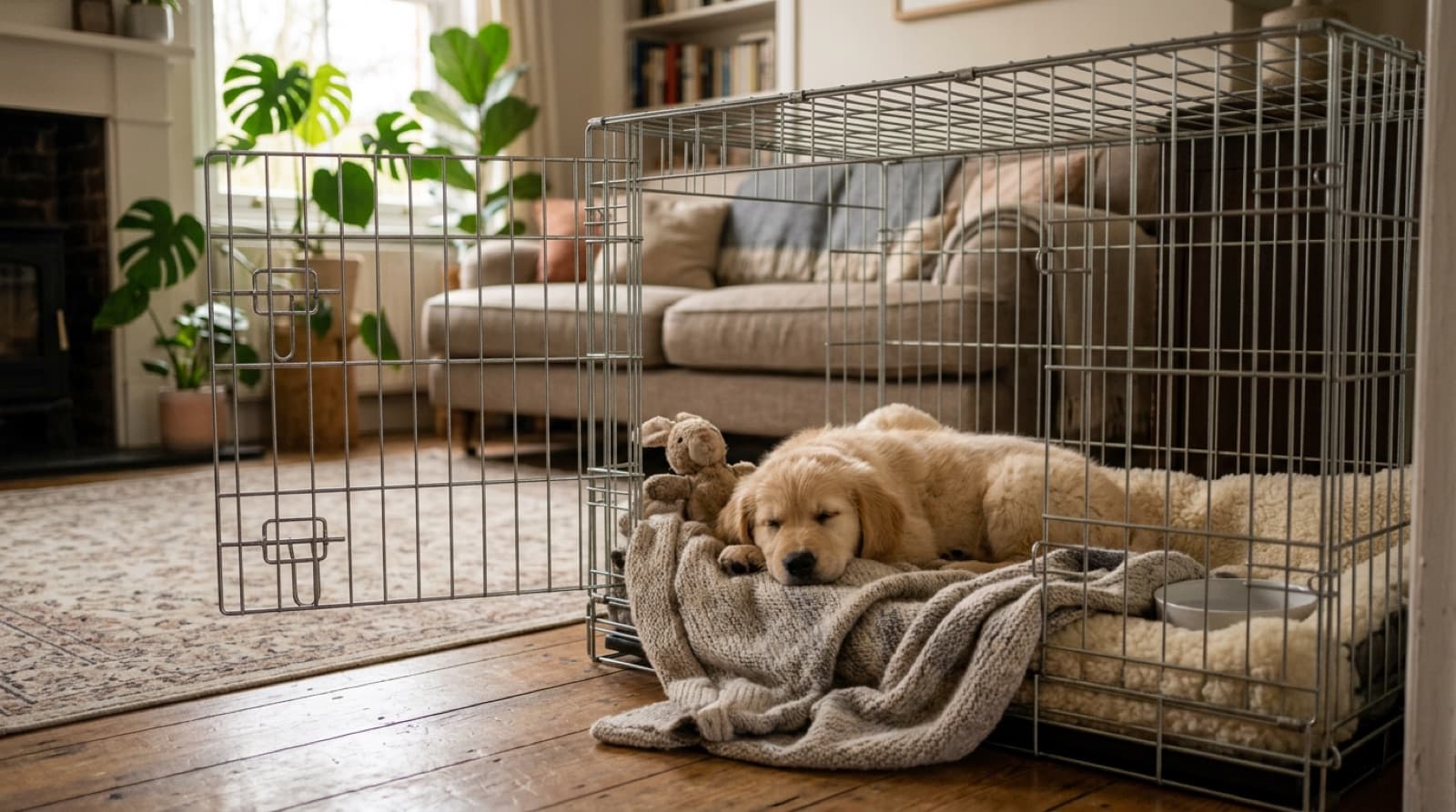 A relaxed puppy resting comfortably inside an open wire crate with a soft bed, set up as a cosy den