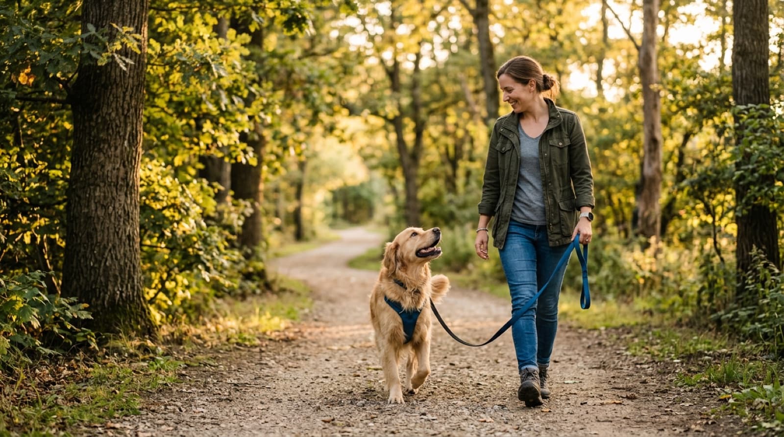 A dog walking on a loose leash beside its owner on a path