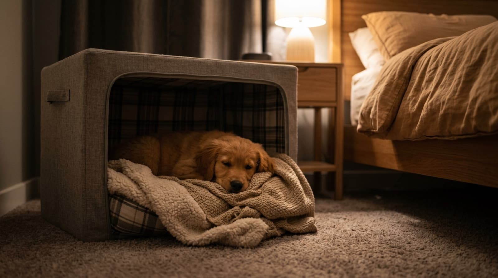 A sleepy puppy settling into a cosy crate beside a bed on its first night home