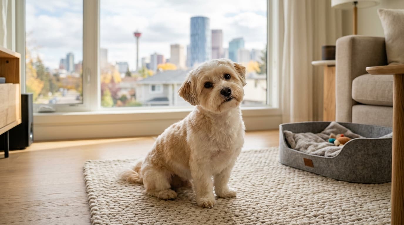 Adult Havanese with cream and caramel silky coat sitting calmly in a Calgary home interior, representing the friendly companion temperament rescue Havanese bring to adopters