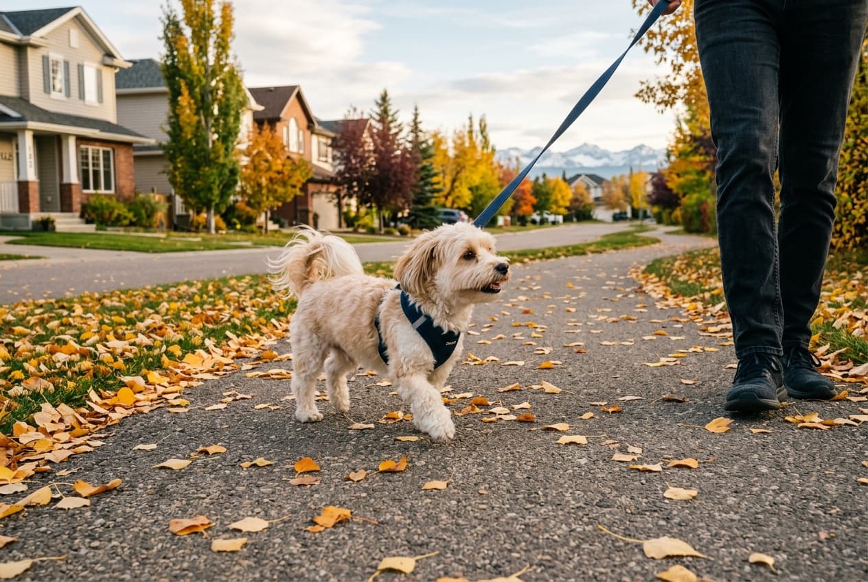 Calgary Havanese mix on a leashed walk along an autumn pathway, showing the breed's adaptability to local rescue and Calgary outdoor lifestyle