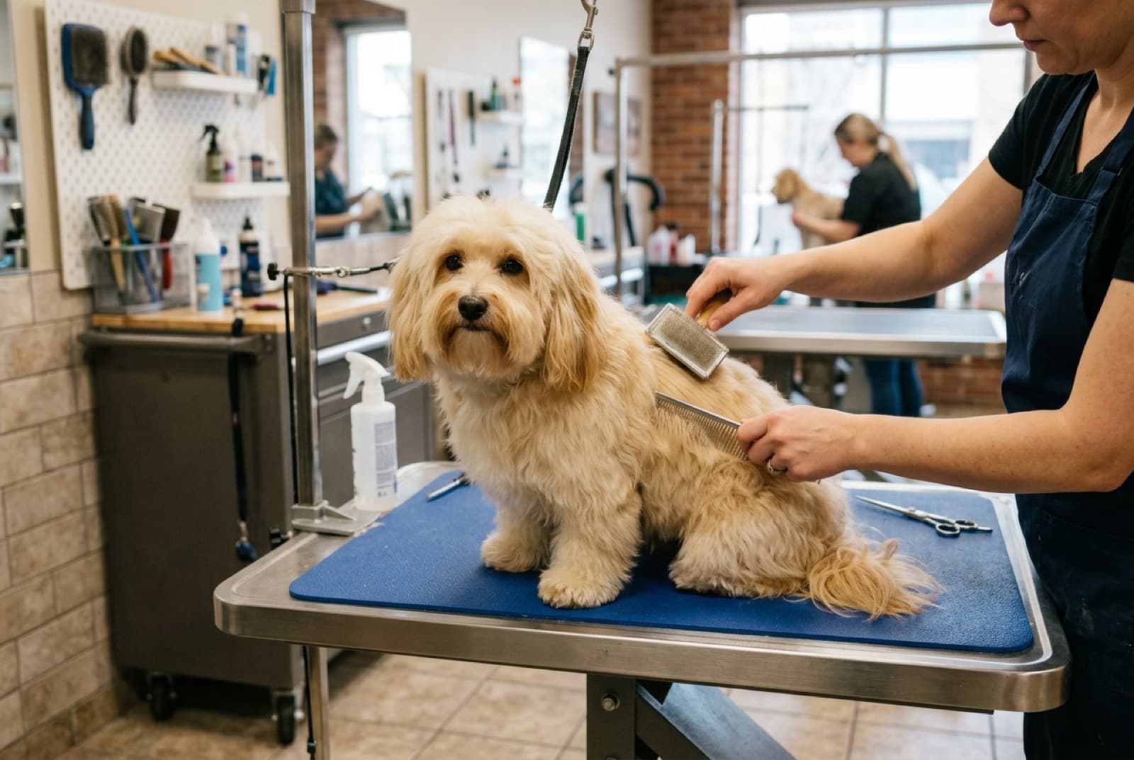 A Havanese being brushed at a Calgary grooming salon with silky long coat, representing the dominant ongoing cost of Havanese ownership