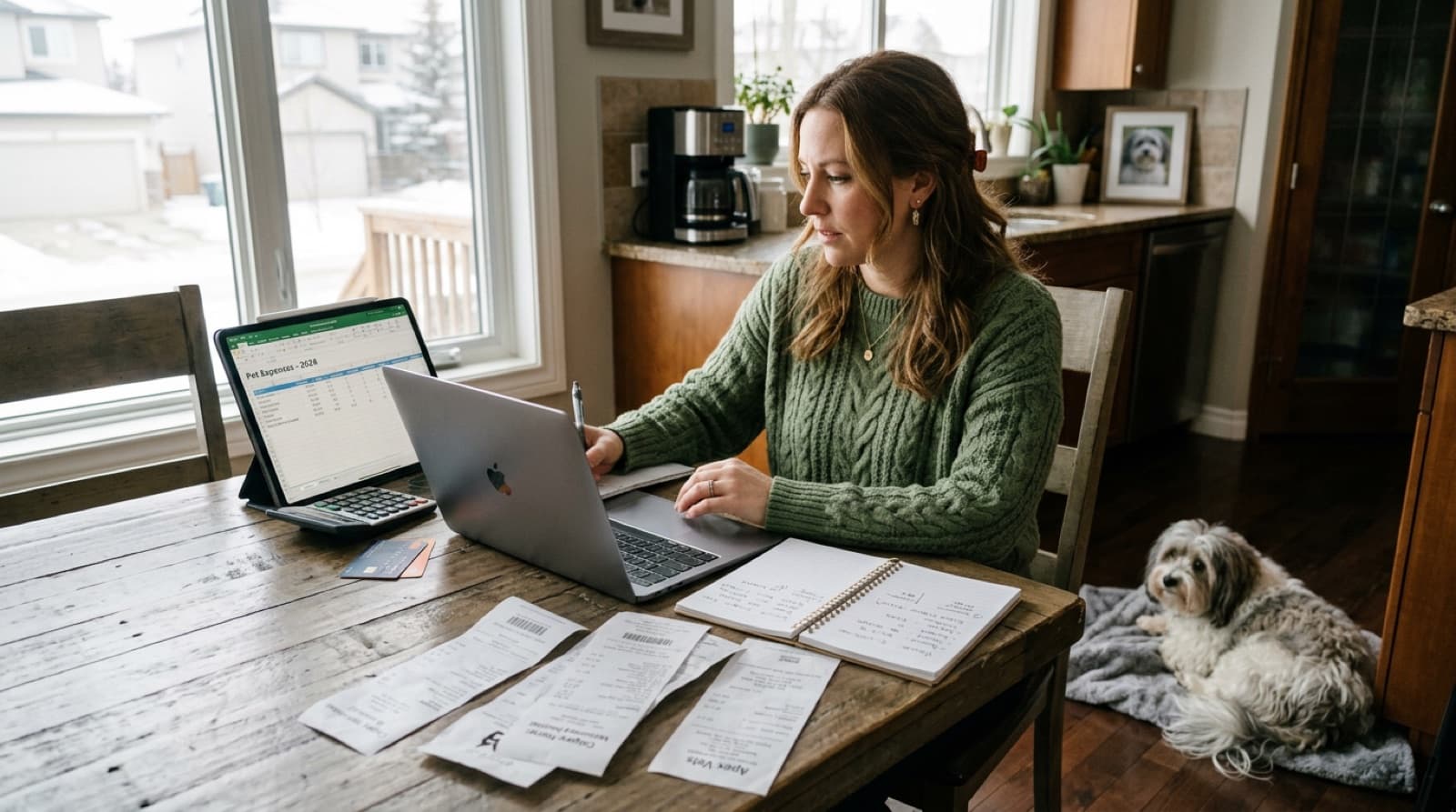 A Havanese sitting on a Calgary kitchen counter beside a notebook with budget figures and a calculator, representing honest cost planning for adoption