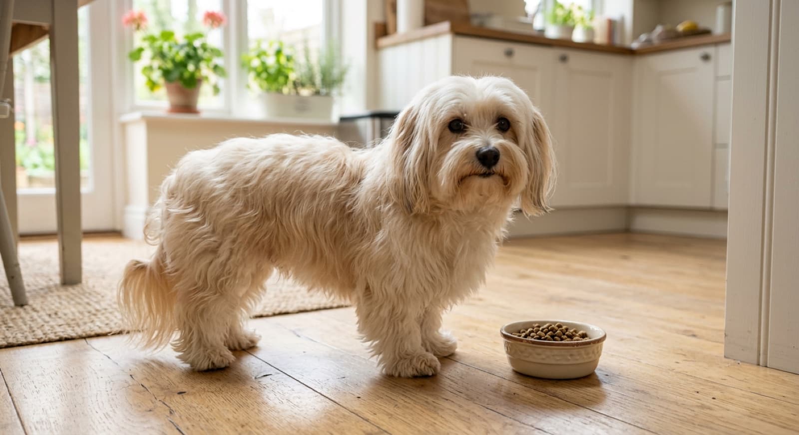 Havanese standing beside a small bowl of kibble in a bright home kitchen