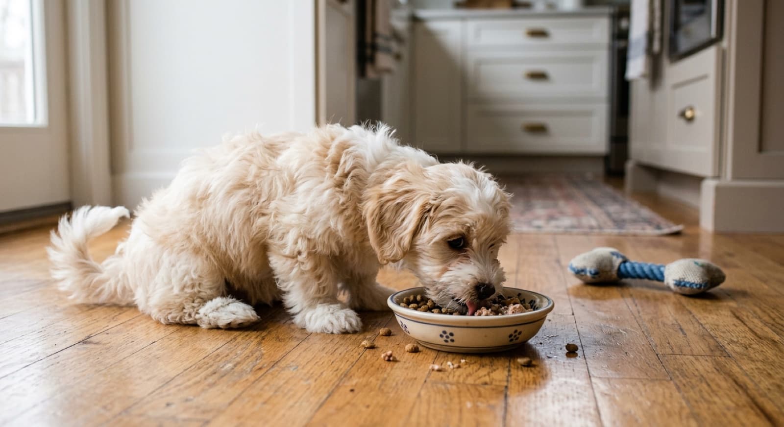 Havanese puppy eating from a small bowl on a home kitchen floor