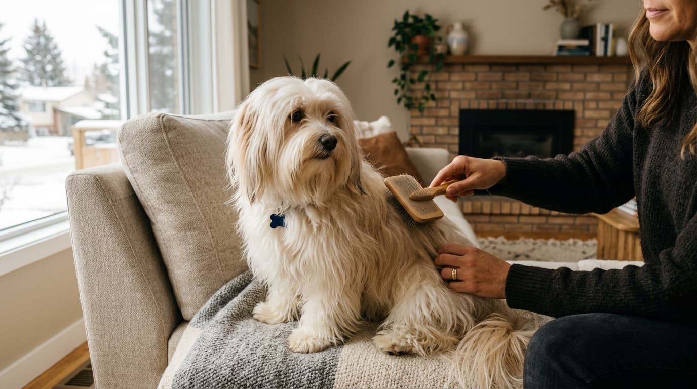 Calgary Havanese with a long silky coat being brushed by an owner at home, showing the daily grooming reality of the breed