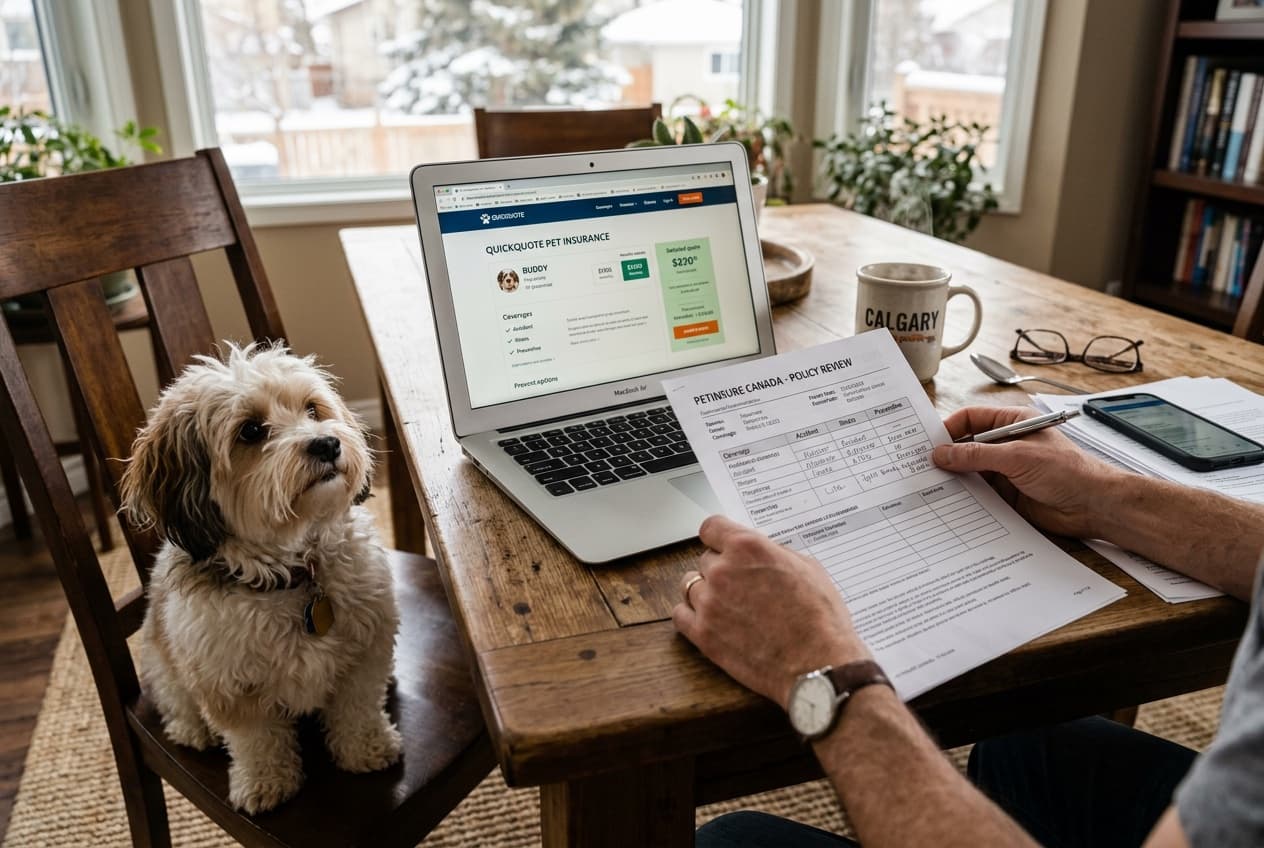 Calgary Havanese owner reviewing pet insurance documents at a kitchen table, representing the day-one insurance decision the breed needs
