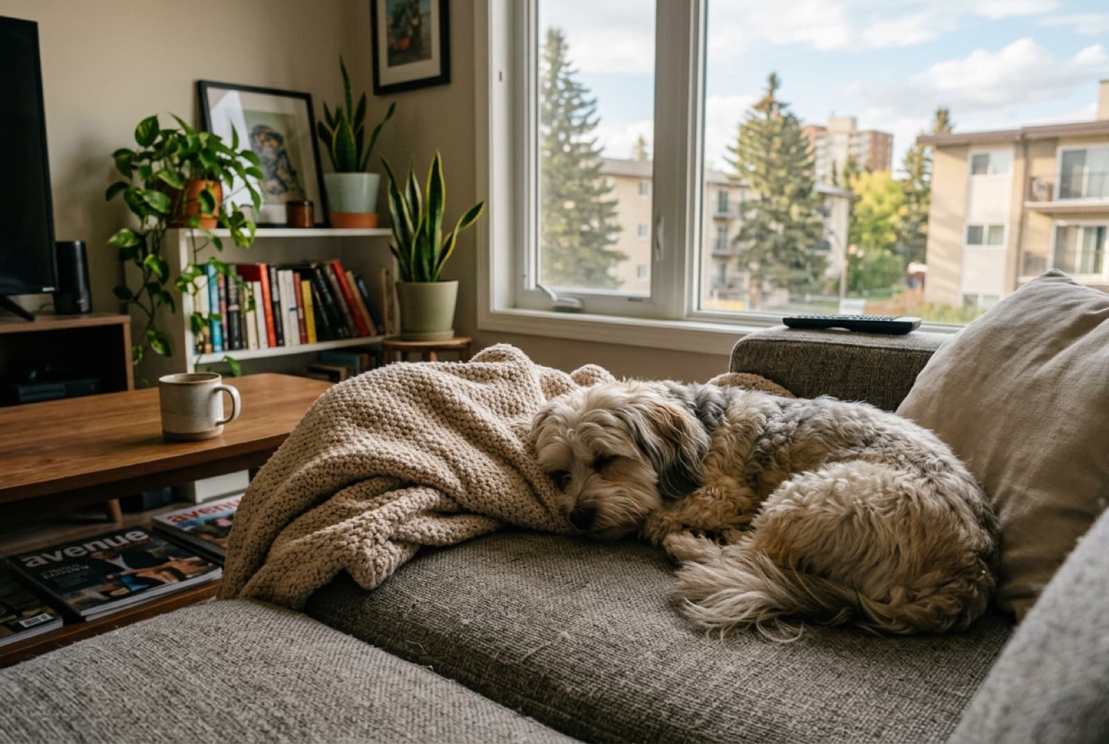 A Havanese resting on a couch in a Calgary apartment, showing the breed's content companion lifestyle